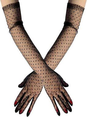 Women's Polka Dot Black Satin Opera Length Elbow Long Evening Party Gloves